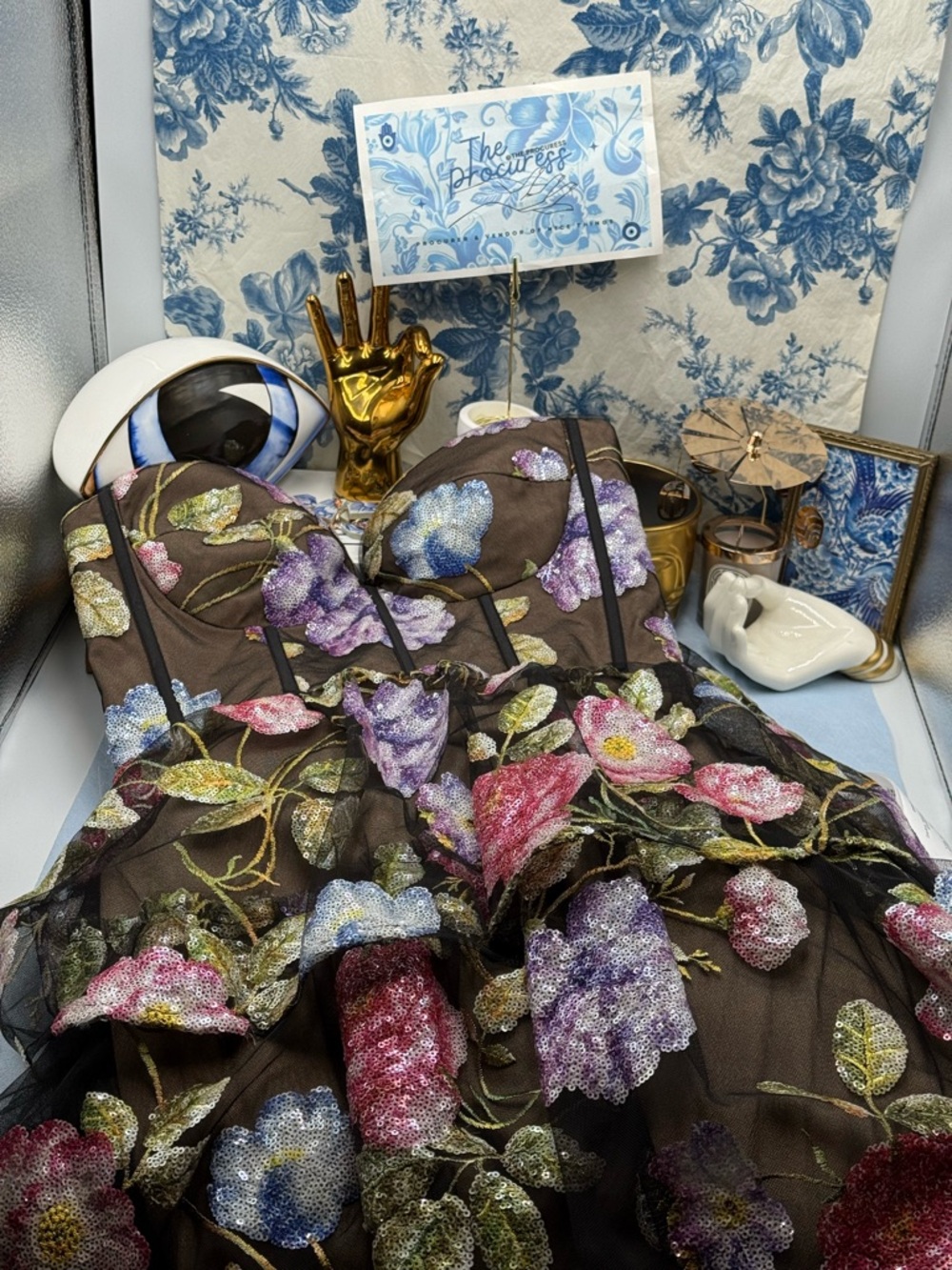 🆕 DRESS THE POPULATION 🧿 NWT Layana Strapless Tiered Floral Sequin Gown - Sz M - Picture 10 of 14